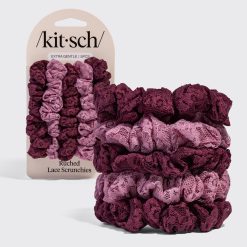 Cherry Lacquer & Dusty Pink Ruched Lace Scrunchies 5pc Set